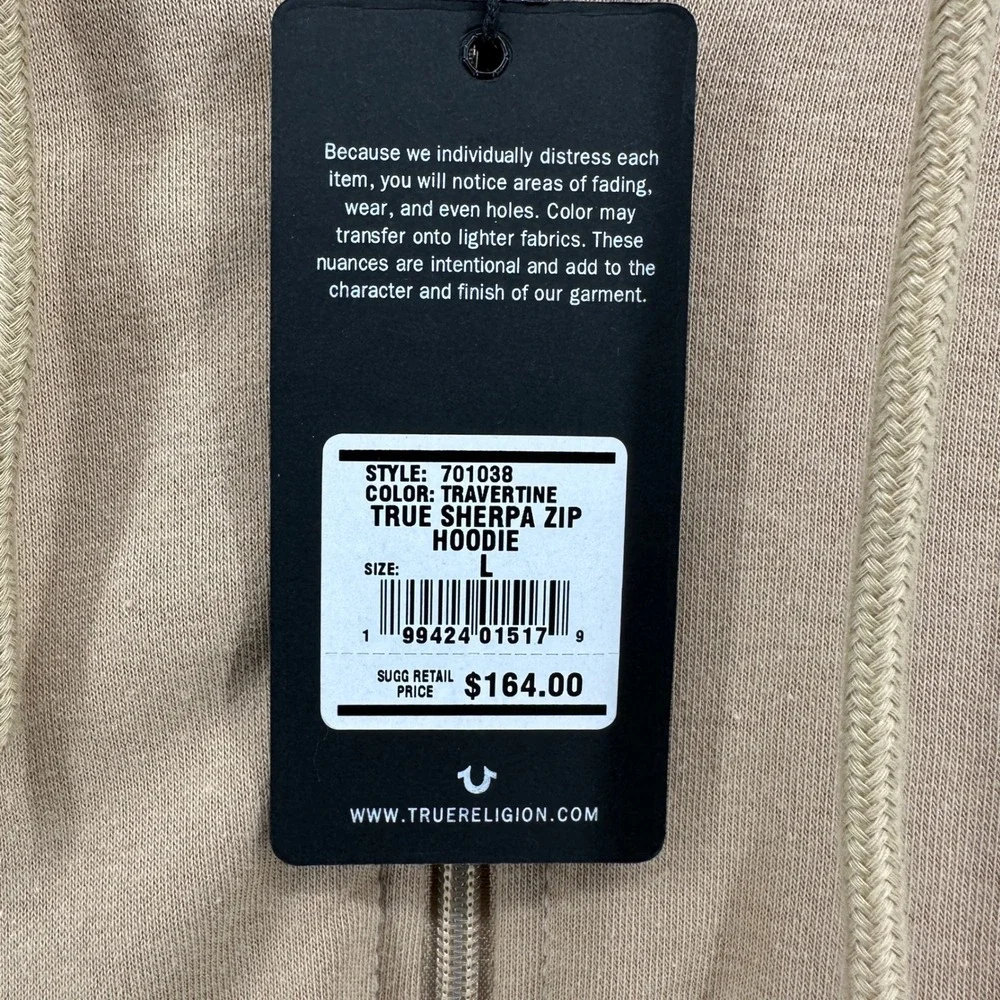 $164 NWT True Religion Mens LG True Sherpa Full Zip Hoodie Travertine Tan Buddha